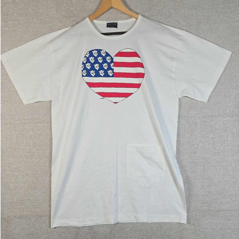 VTG 90s Alore Cat USA Flag Heart T-Shirt Dress Tunic OS White Pocket Made USA
